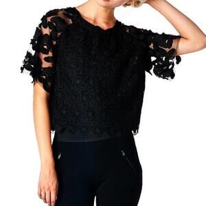 Black Lace Crochet 3/4 Sleeve Top Large Designer Comme made in USA